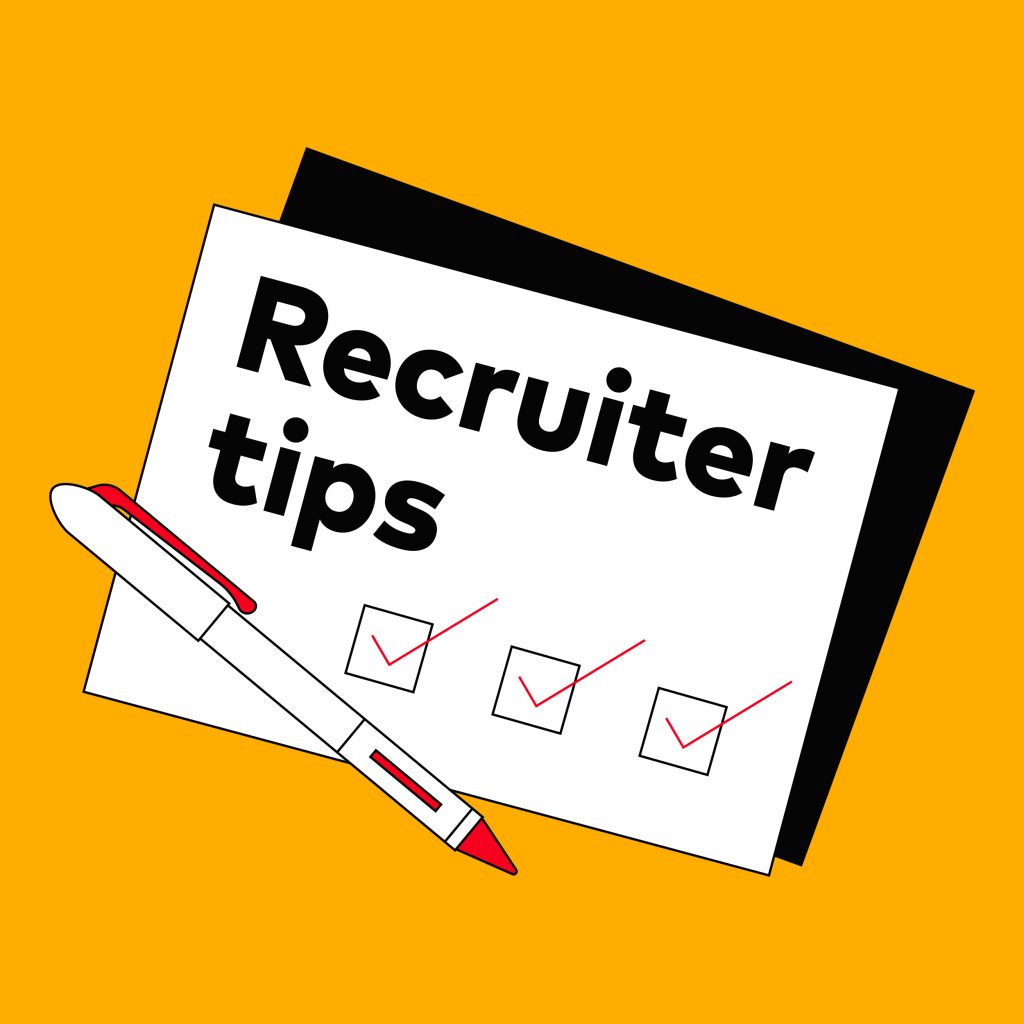 Illustration of a pen sitting atop a checklist of recruiter tips. The pen and checklist are on a bright yellow background.