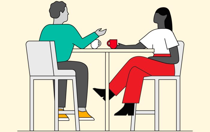 Illustrated scene of two people sitting at a small table, facing each other, and talking. One person gestures with their hand while the other listens with a coffee mug in front of them. Both sit on tall chairs with cups on the table.