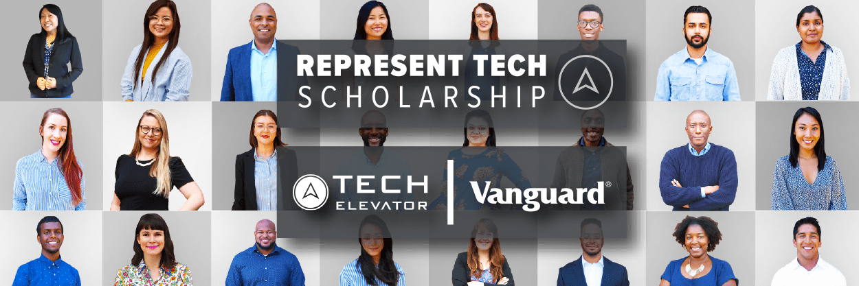 Tech Elevator and Vanguard logos with employee headshots in background