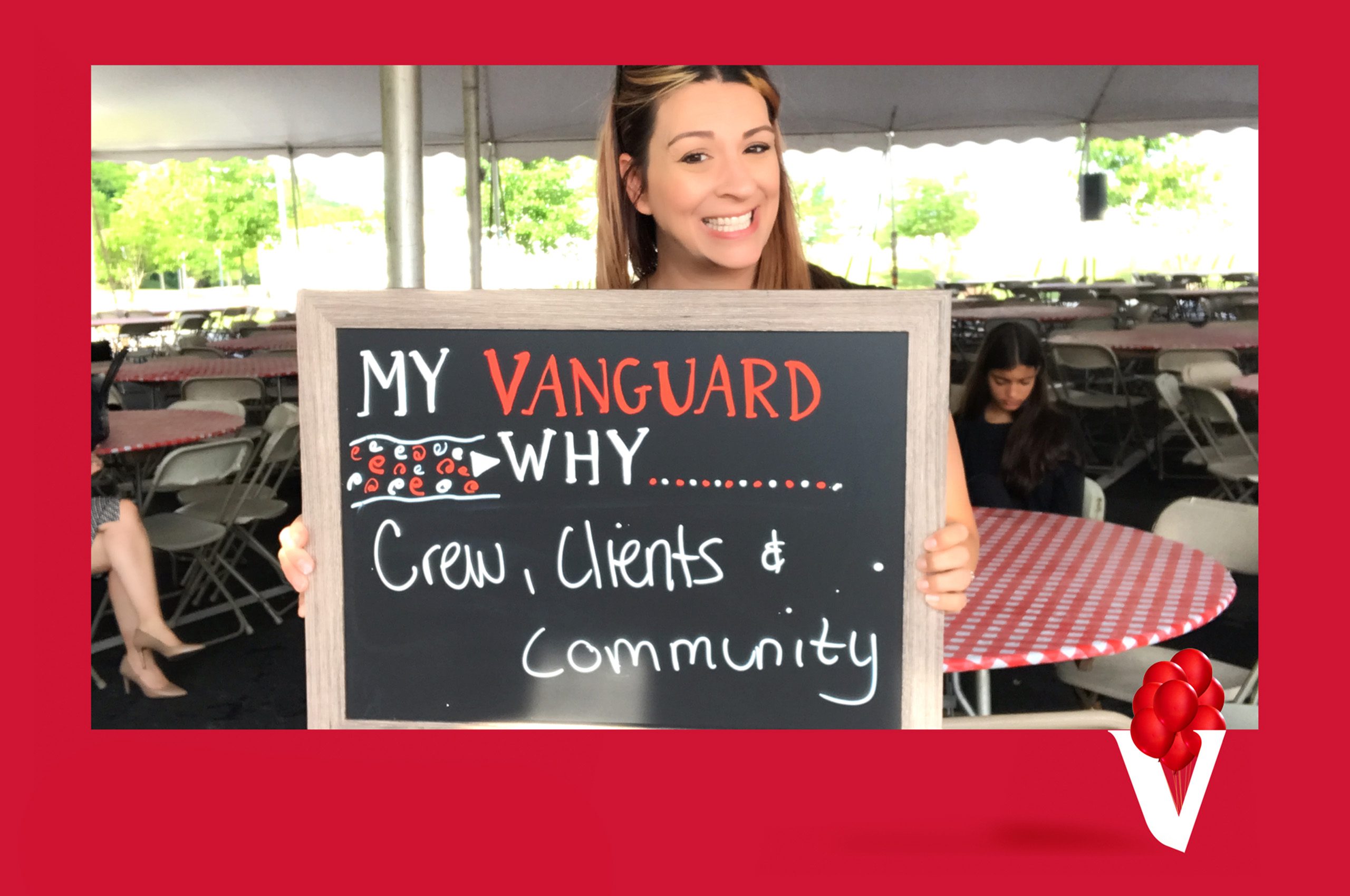 Bethany B. holding My Vanguard Why sign