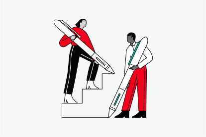 Illustration of two adults drawing stairs with life-sized pens.