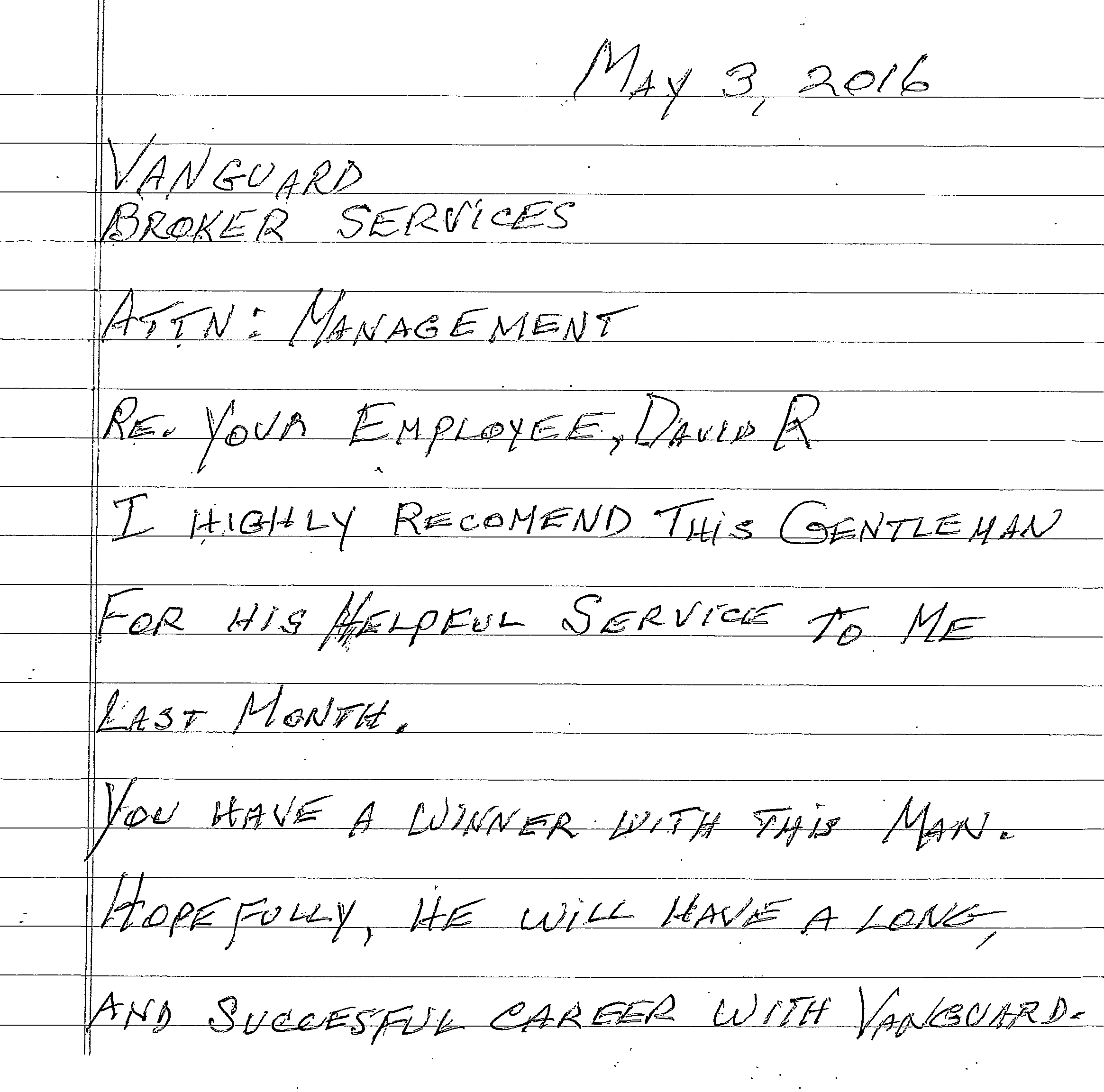 handwritten letter from client