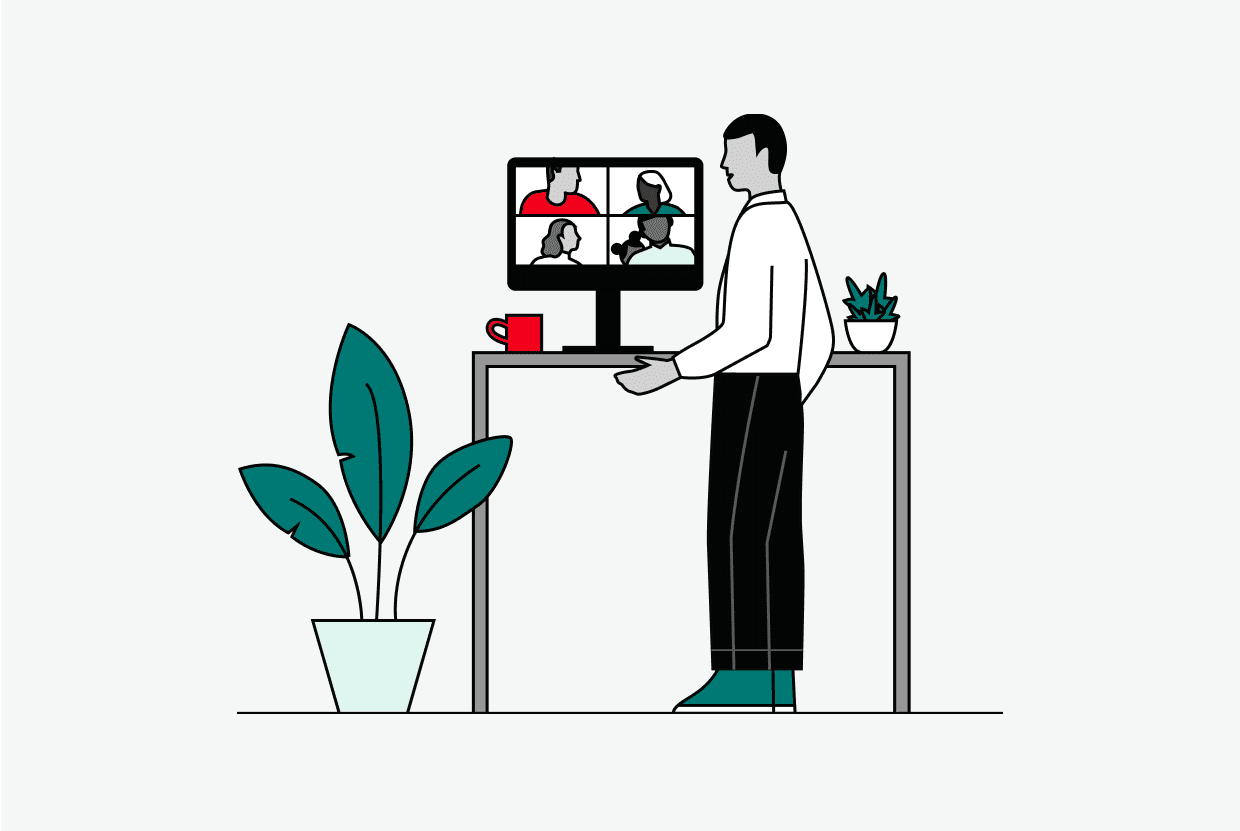 llustration of man looking at his computer screen while standing at his desk.