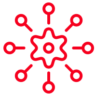 Cog with a branch radiating from each spoke, representing teamwork and innovation.
