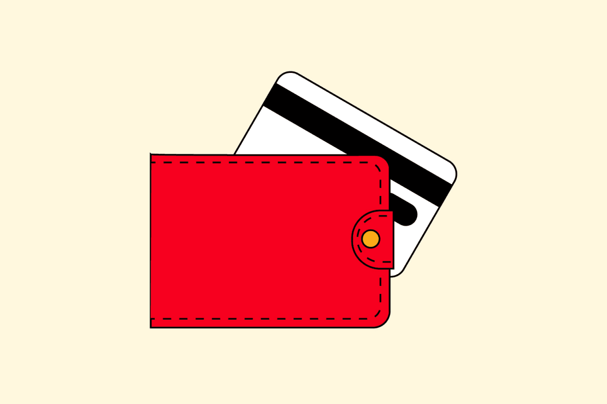 Illlustration of a red wallet with a bank card, representing saving for retirement.