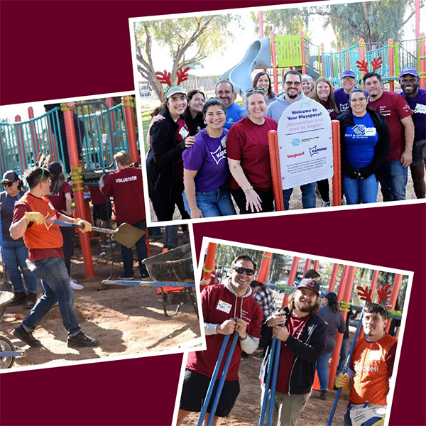 A collage of three photos showing volunteers, including Jacob, working at a playground. The top photo features a group posing in front of a playground structure with a sign that reads "Welcome to Your Playground!". The middle photo shows a person in an orange shirt using tools while others work in the background. The bottom photo shows two people holding long blue tools, with more volunteers and playground equipment behind them.