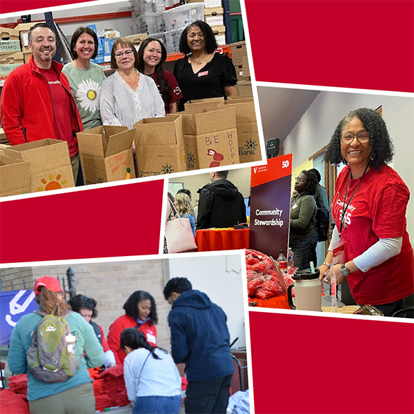 Collage of three photos showing community service activities, including decorated food bank bags, a "Community Stewardship" table, and outdoor item distribution.