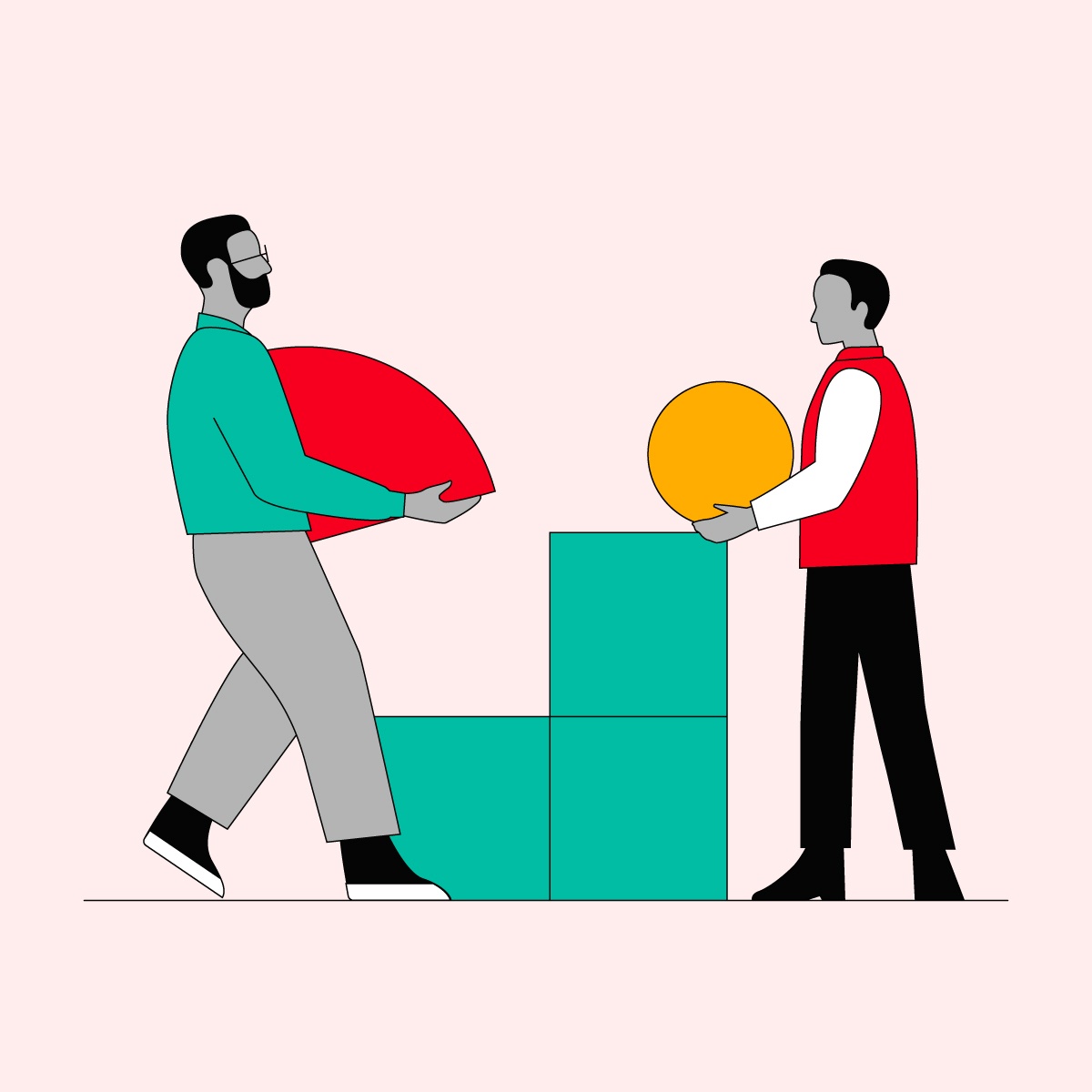 Illustrated thumbnail showing two people watering holding shapes of varying sizes. One shape is red and one shape is yellow. These shapes are being stacked onto three teal squares between the two people. They are standing against a light beige background.